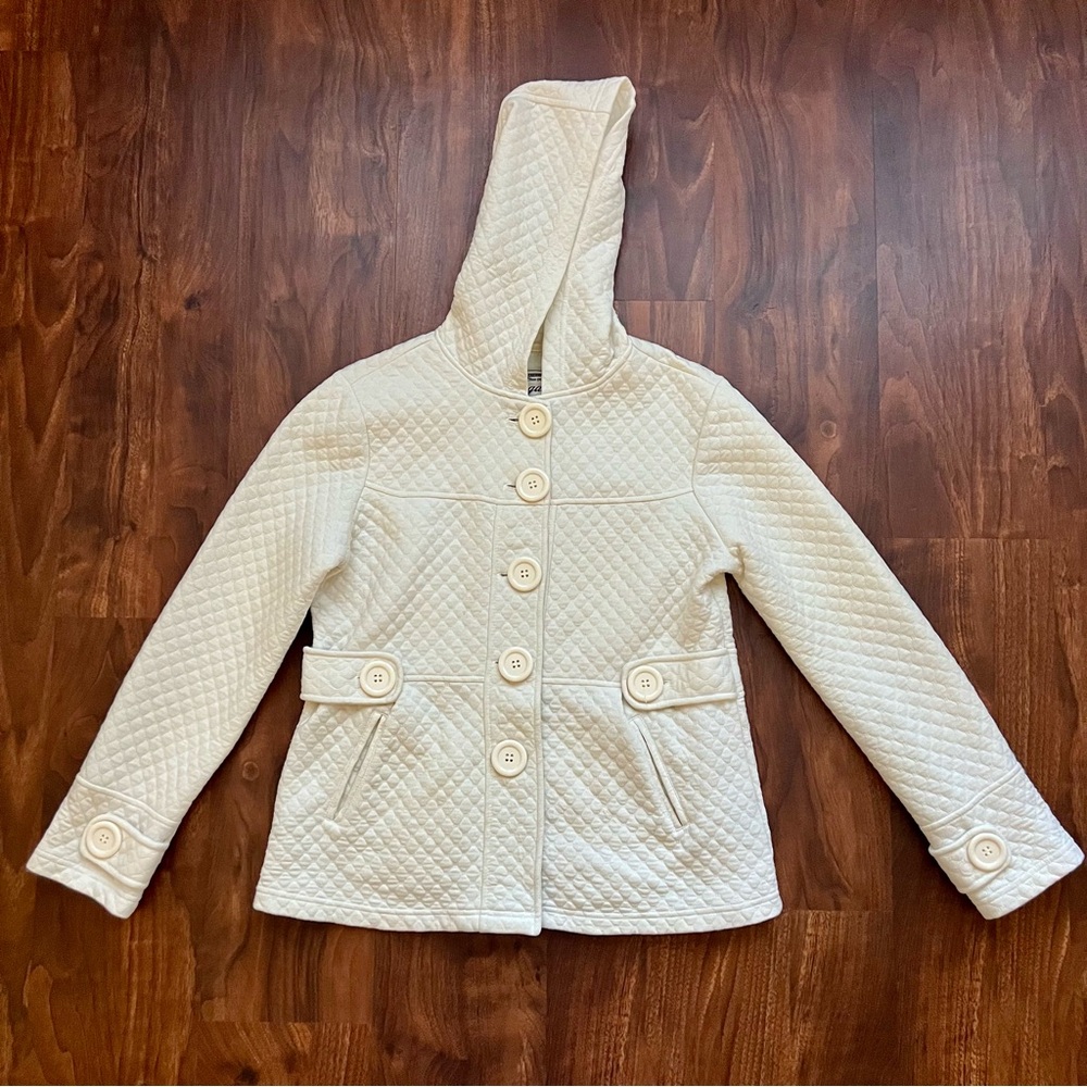 Sugarfly Ivory Quilted Hooded Peacoat Style Jacket Big Buttons & Pockets Size L